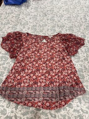 Lucky Brand Red Floral Short-Sleeve Peasant Top